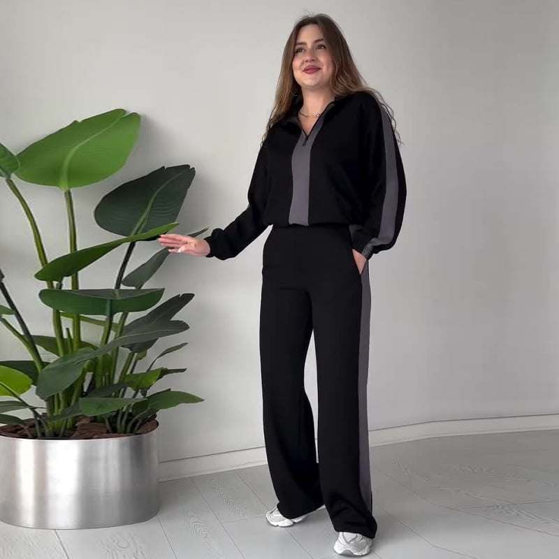 Women’s Zipper Lapel Tops & Pants 2-Piece Set