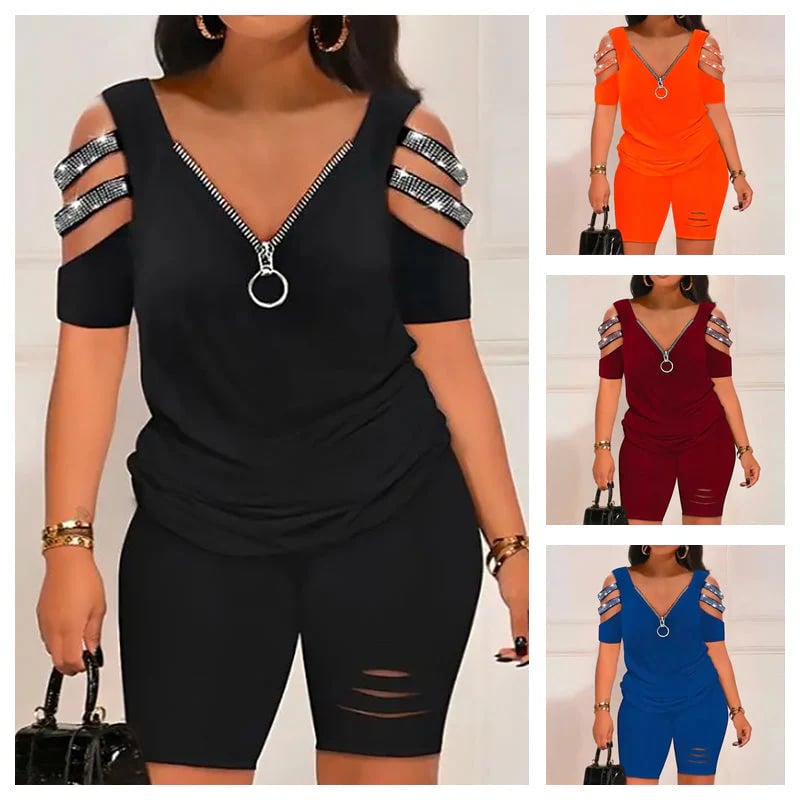 ⏰V-Neck Zipper Top & Shorts Set