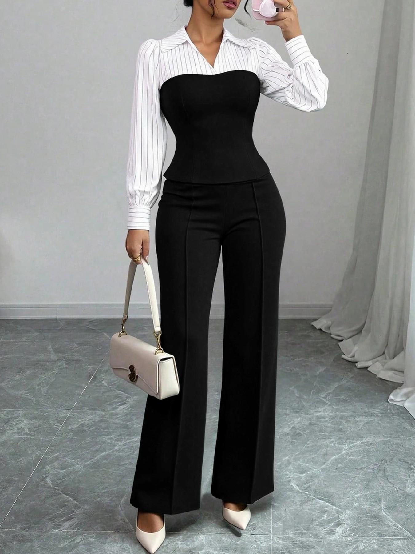Women's Elegant Striped V-Neck Blouse & Wide-Leg Trouser Set