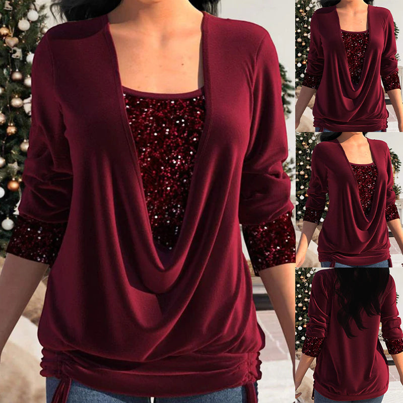 🔥New design🔥Sequin Loose Smocked Fake Two-Piece Top