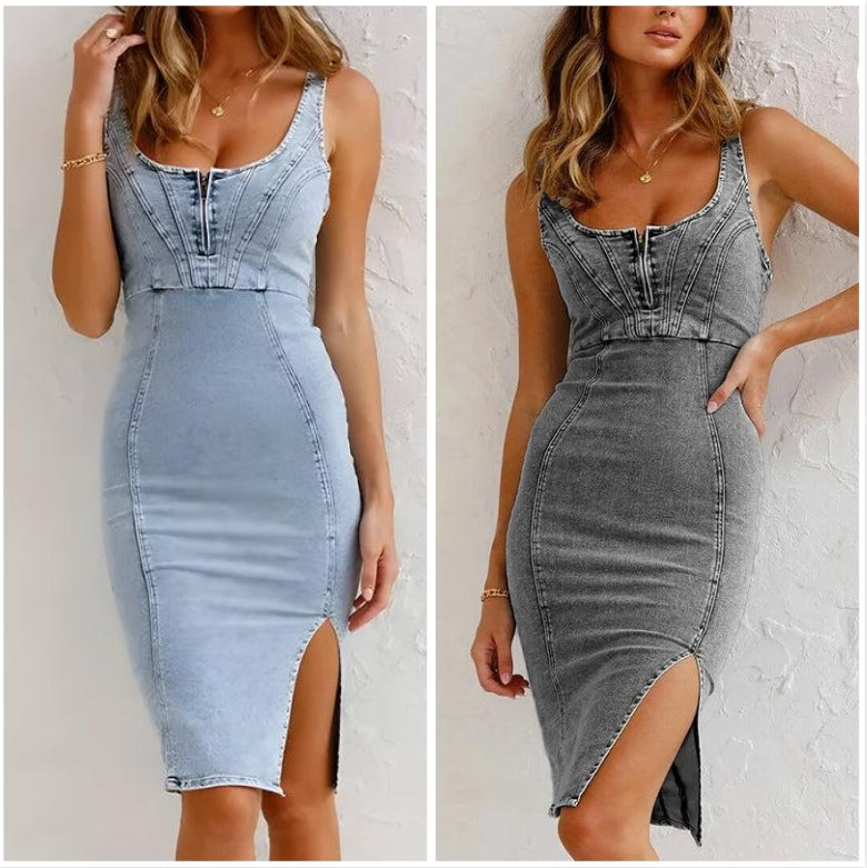 🍹Summer Hot Sales 50% OFF🌤️Women's U-Neck Denim Bodycon Cami Dress