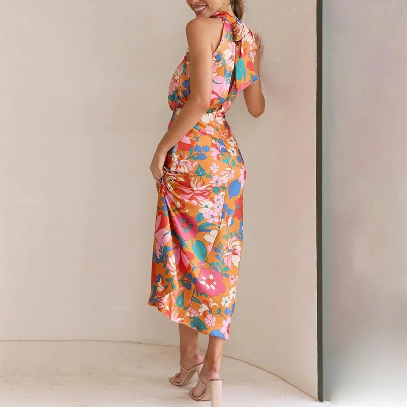 Love In The Garden Floral Halter Neck Elastic Waist Maxi Dress