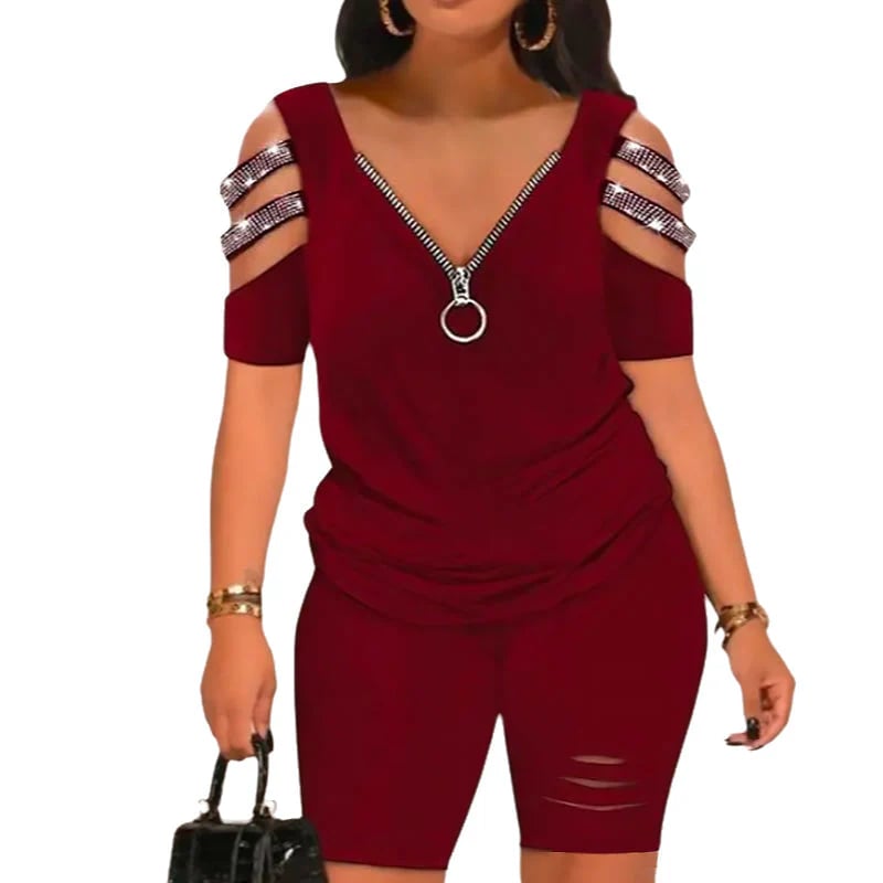 ⏰V-Neck Zipper Top & Shorts Set