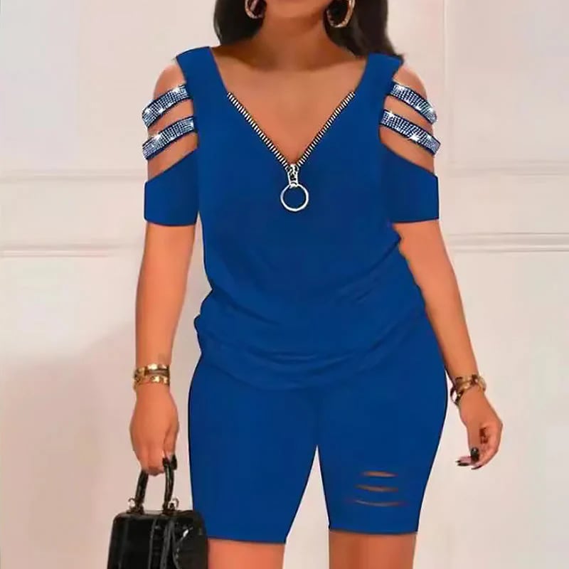⏰V-Neck Zipper Top & Shorts Set