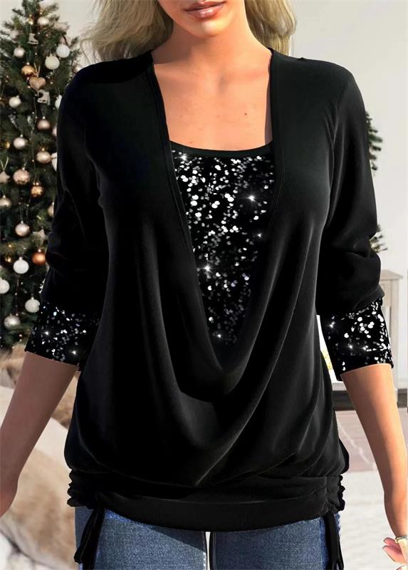 🔥New design🔥Sequin Loose Smocked Fake Two-Piece Top