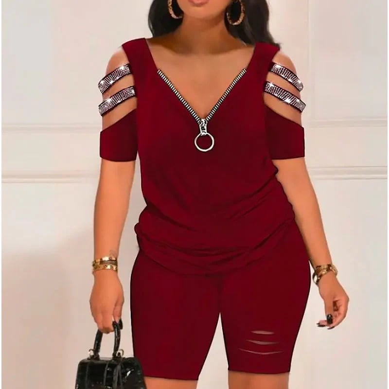 ⏰V-Neck Zipper Top & Shorts Set