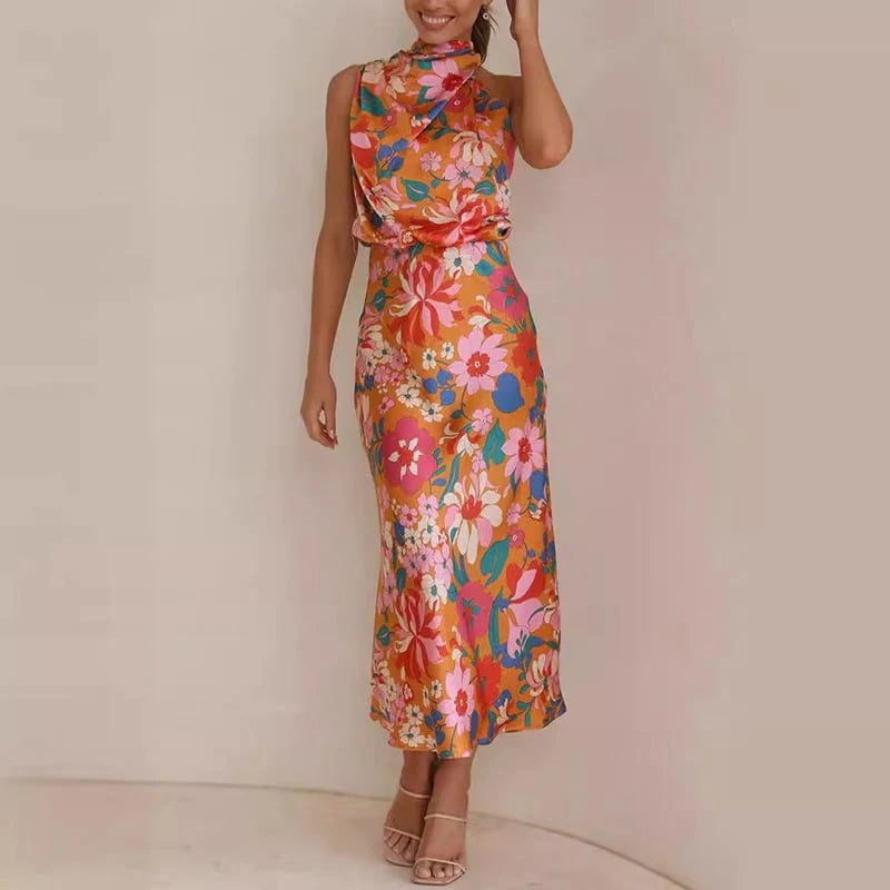 Love In The Garden Floral Halter Neck Elastic Waist Maxi Dress
