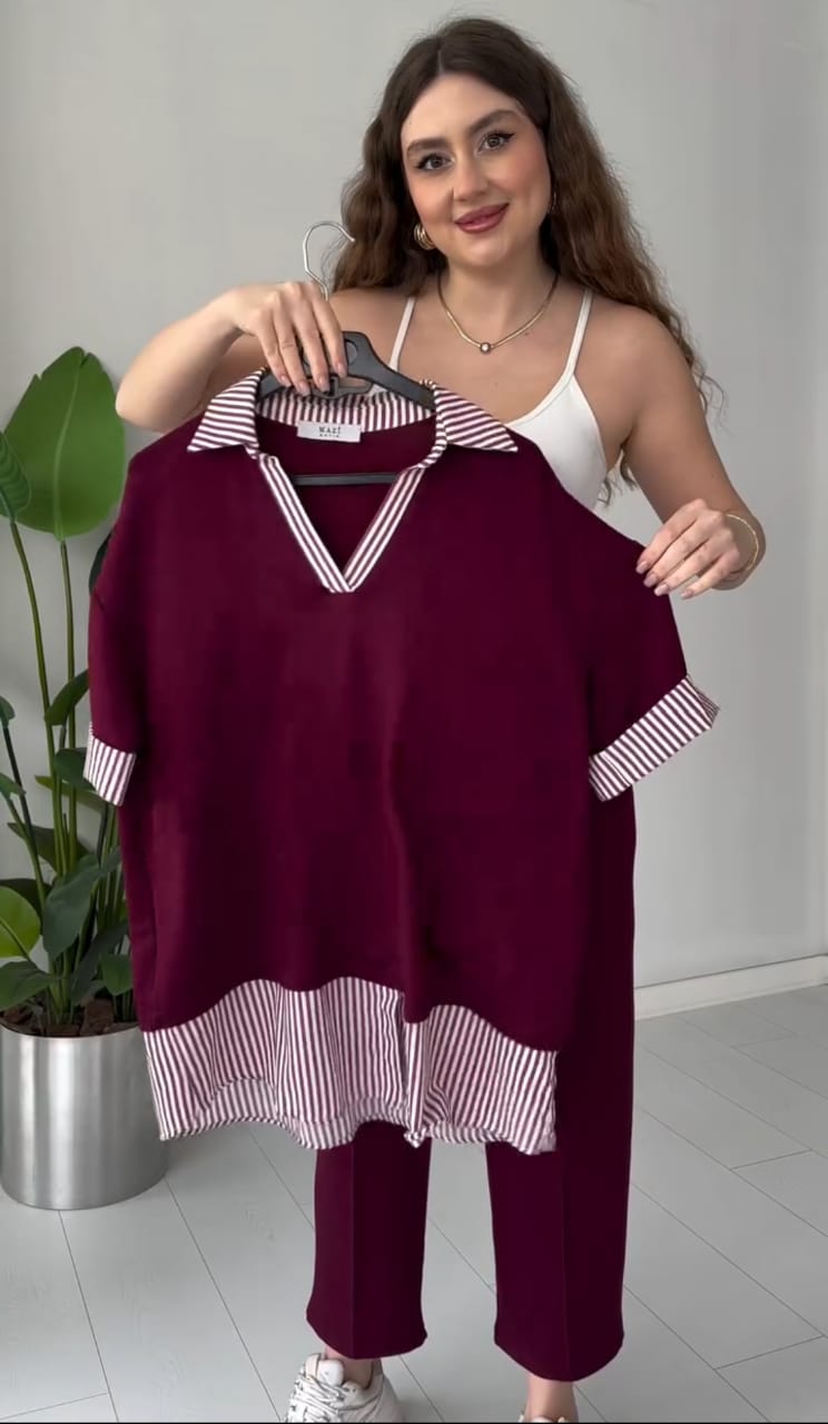 Striped-Collar Layered Modal Lounge Set