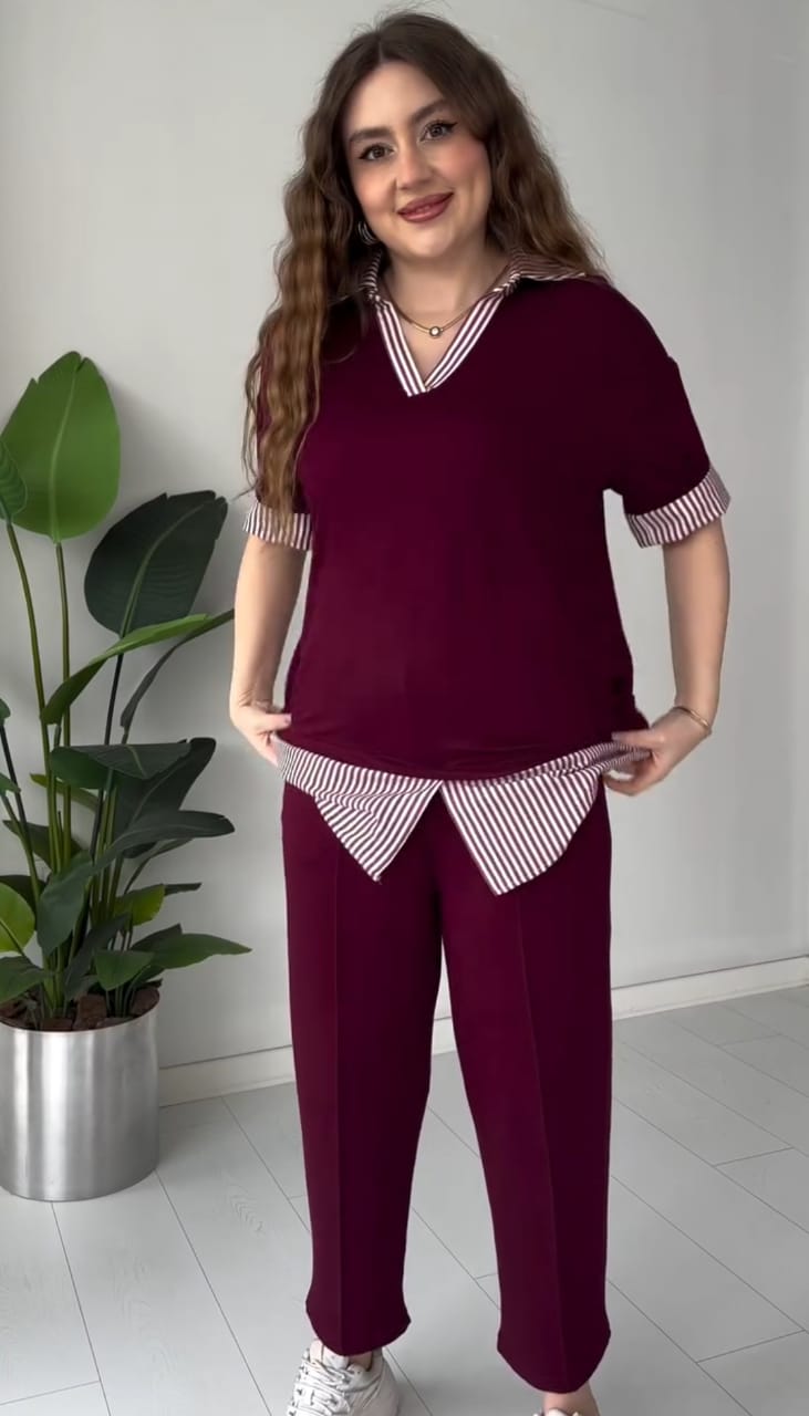 Striped-Collar Layered Modal Lounge Set