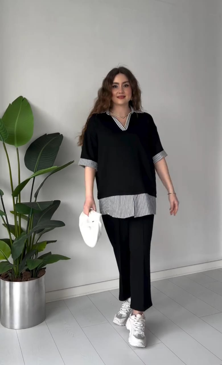 Striped-Collar Layered Modal Lounge Set