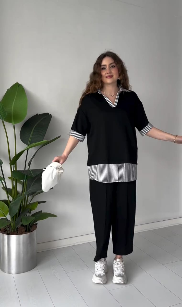 Striped-Collar Layered Modal Lounge Set
