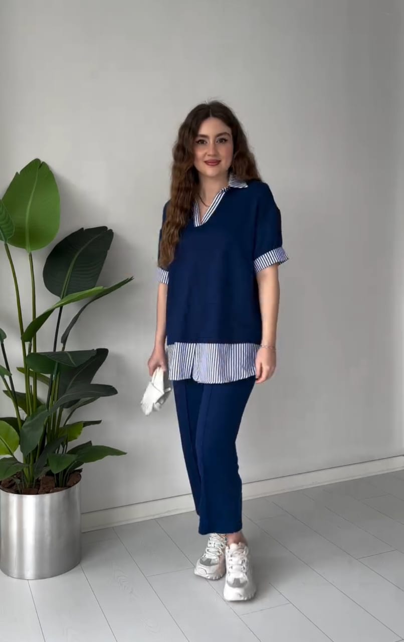 Striped-Collar Layered Modal Lounge Set