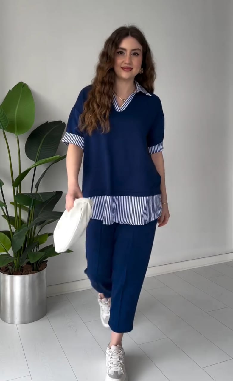 Striped-Collar Layered Modal Lounge Set