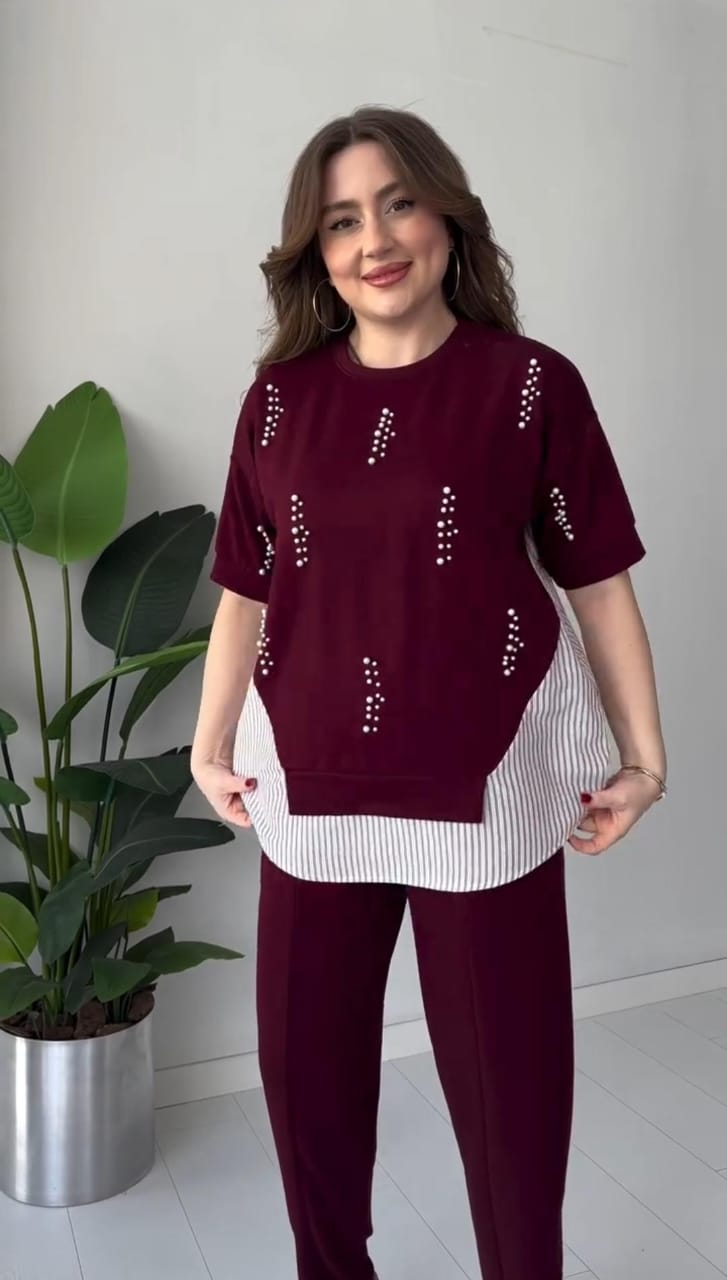 2025 New Design👗✨Pearl-Embellished Striped Hem Modal Set