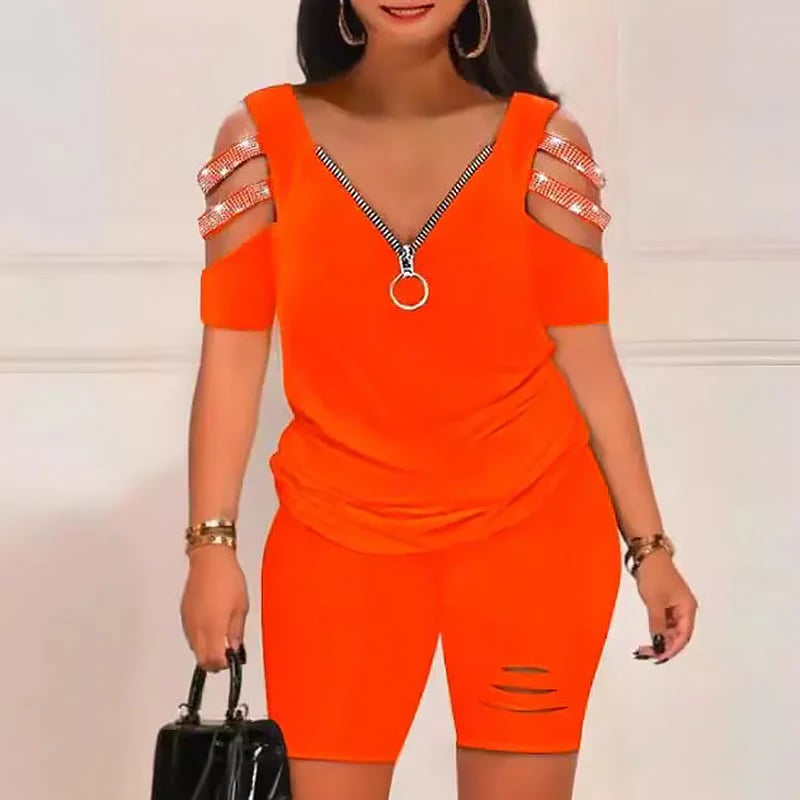⏰V-Neck Zipper Top & Shorts Set