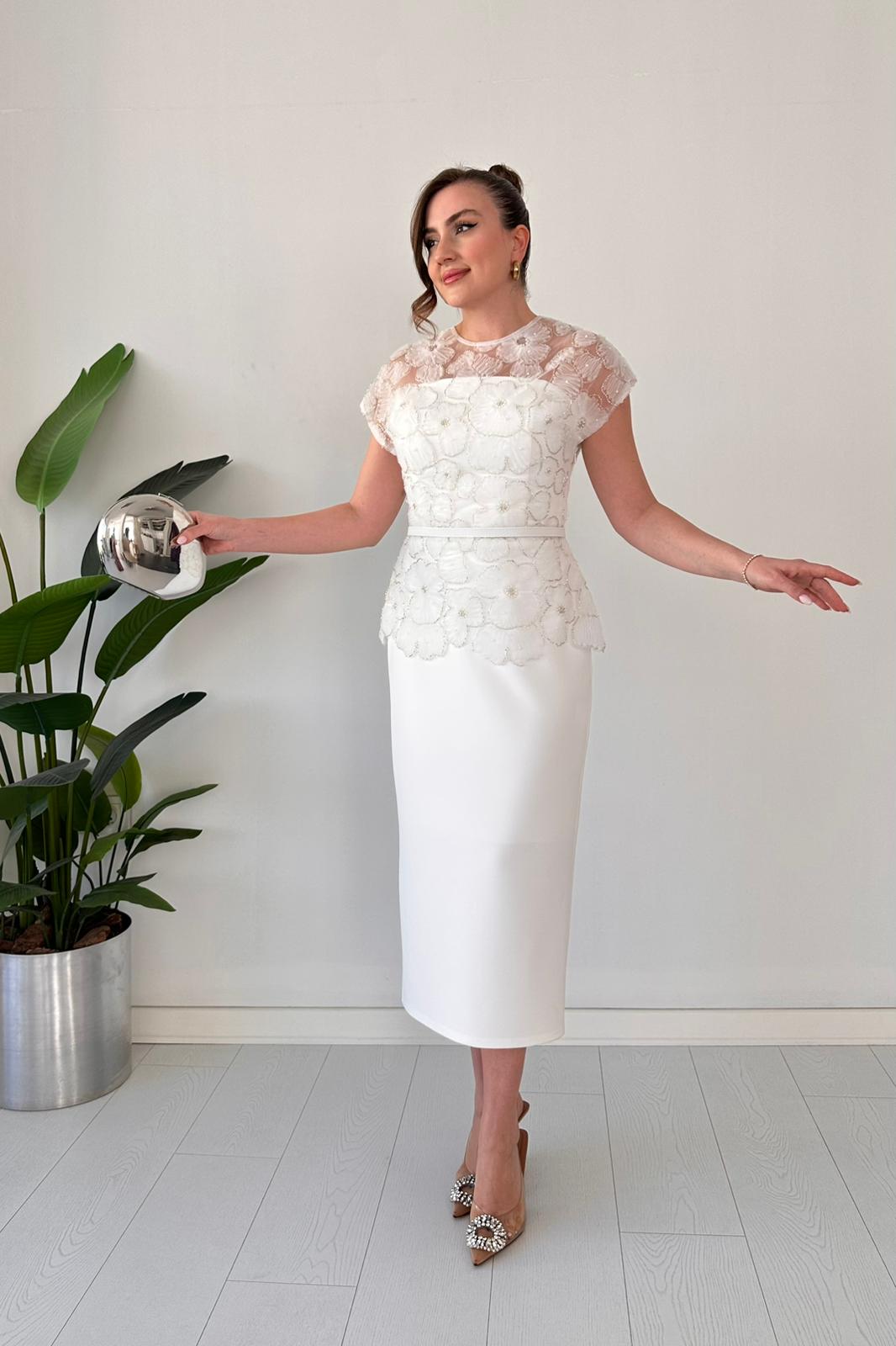 Black Beaded Floral Lace Peplum Midi Dress