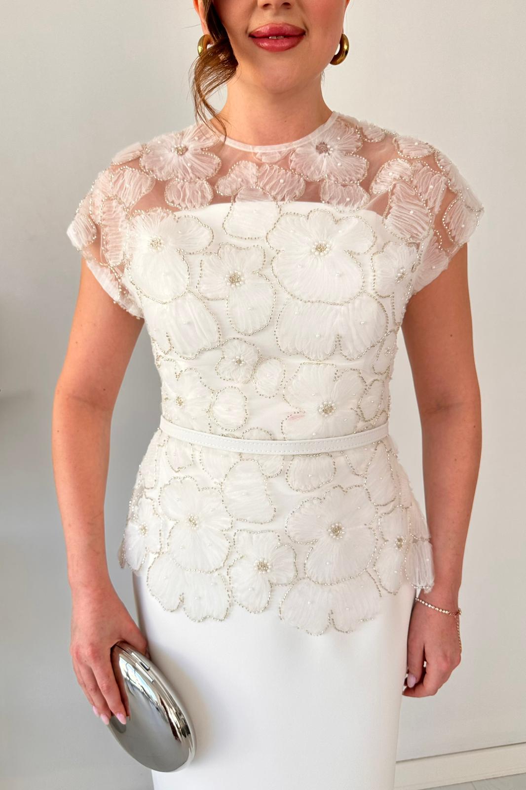 Black Beaded Floral Lace Peplum Midi Dress