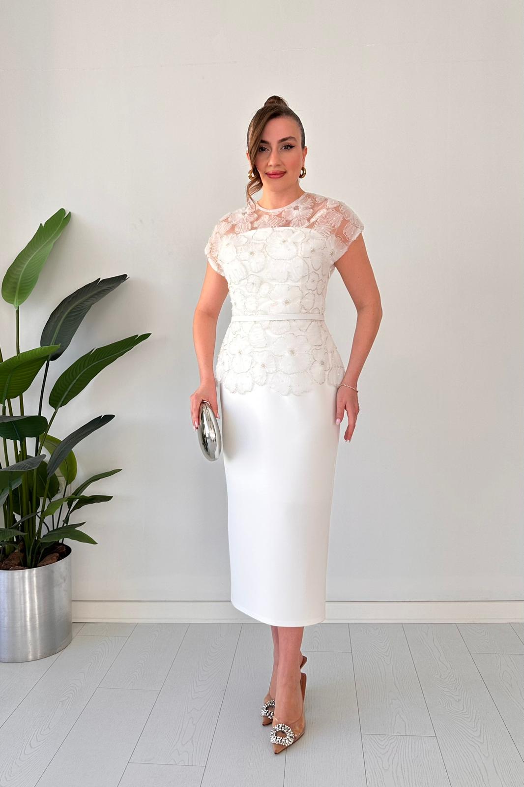 Black Beaded Floral Lace Peplum Midi Dress