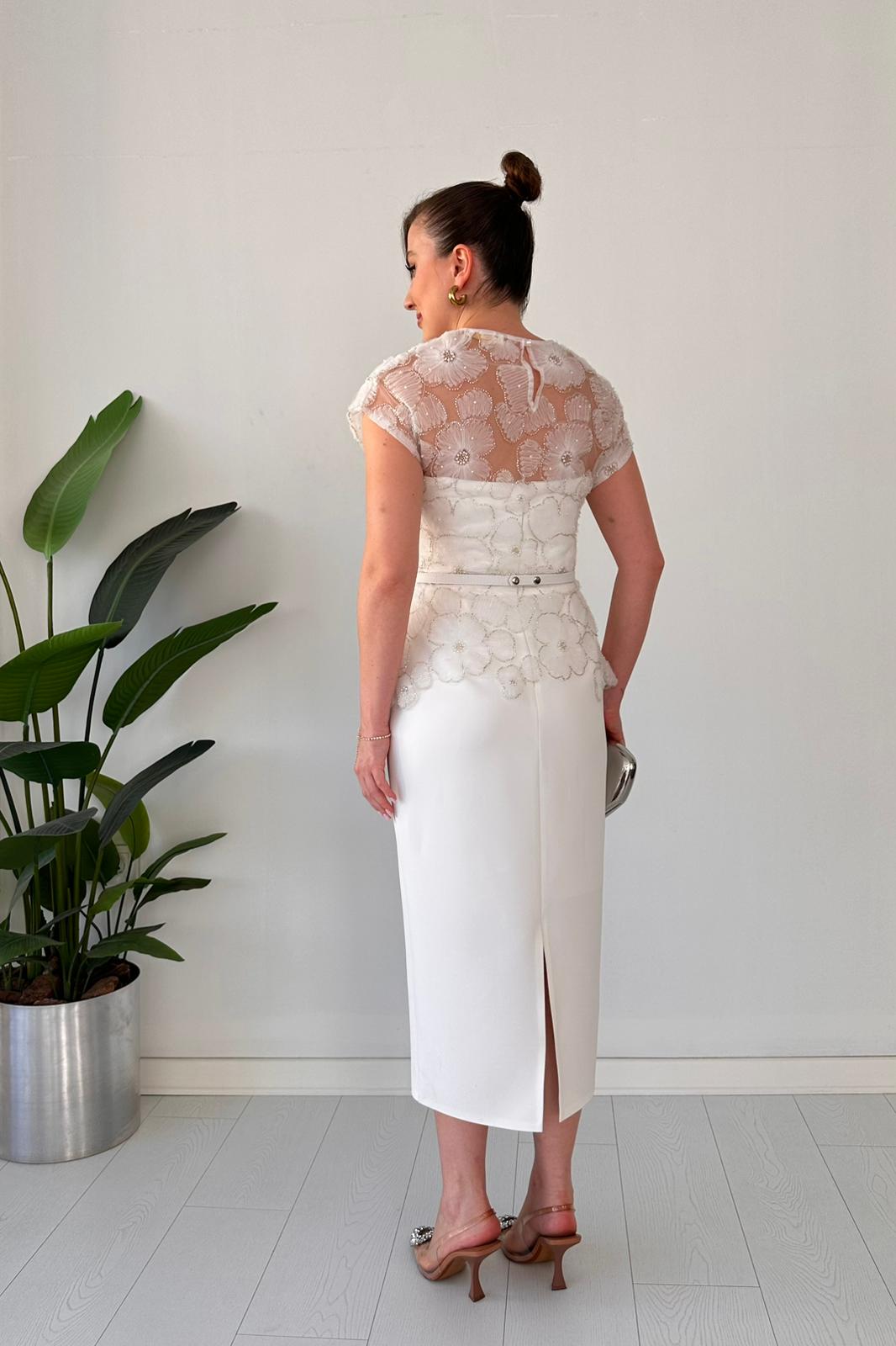 Black Beaded Floral Lace Peplum Midi Dress