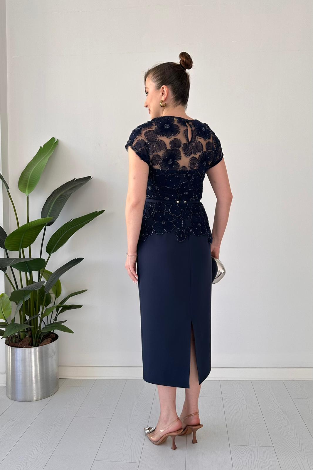 Black Beaded Floral Lace Peplum Midi Dress