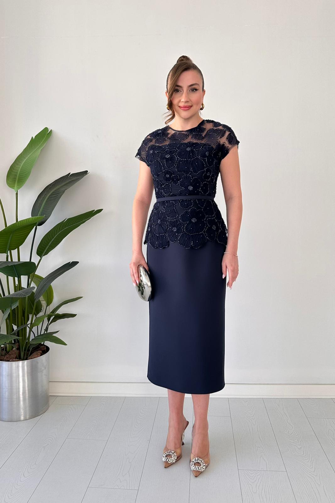 Black Beaded Floral Lace Peplum Midi Dress