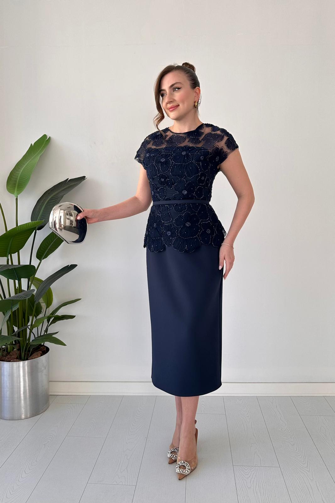 Black Beaded Floral Lace Peplum Midi Dress
