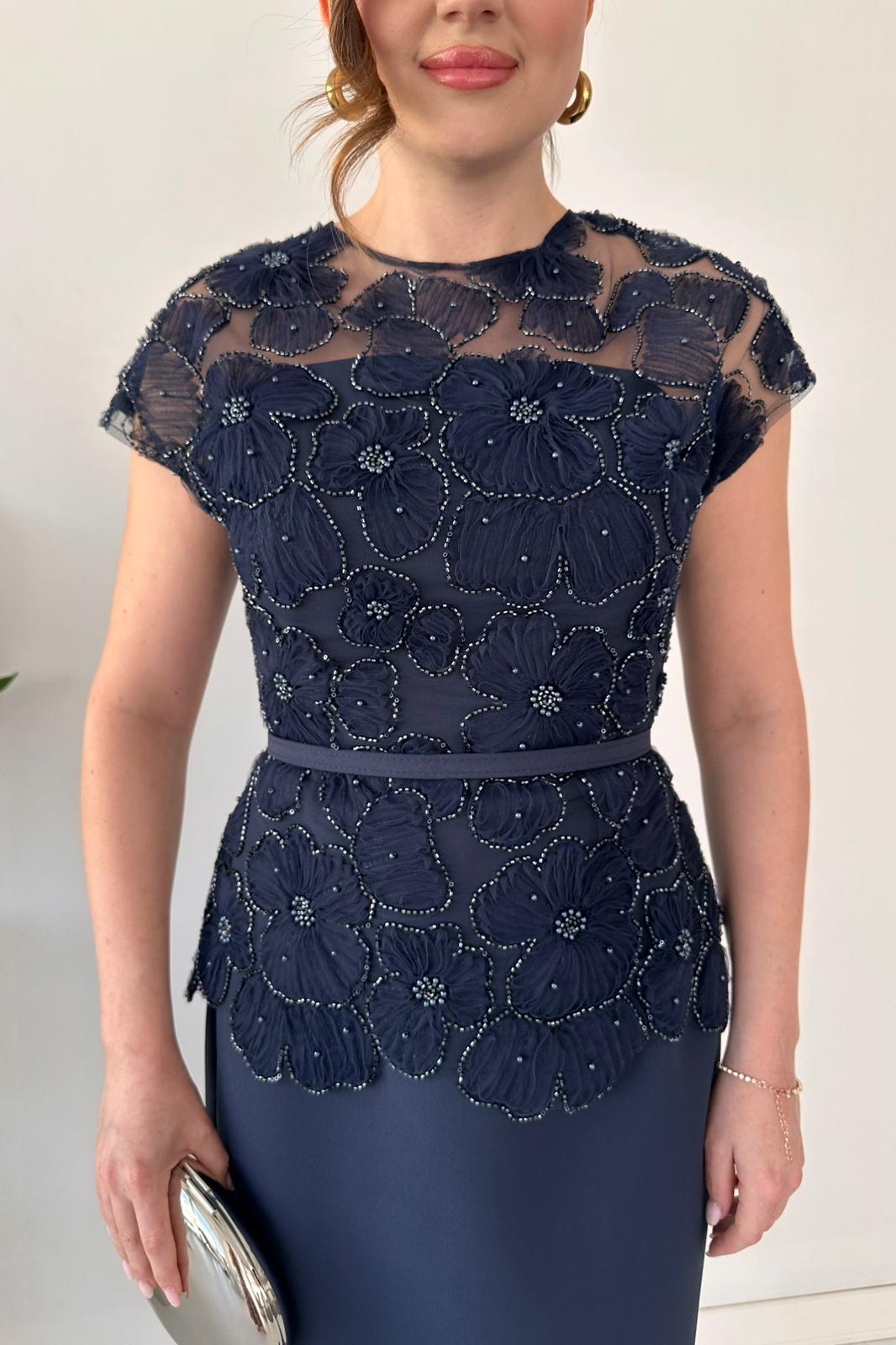 Black Beaded Floral Lace Peplum Midi Dress