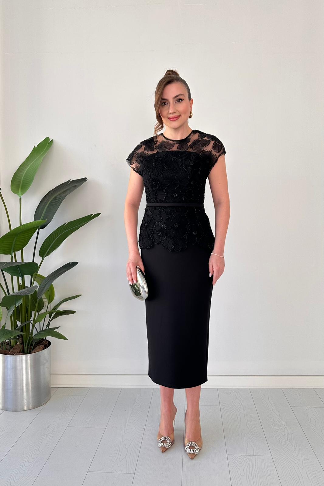 Black Beaded Floral Lace Peplum Midi Dress