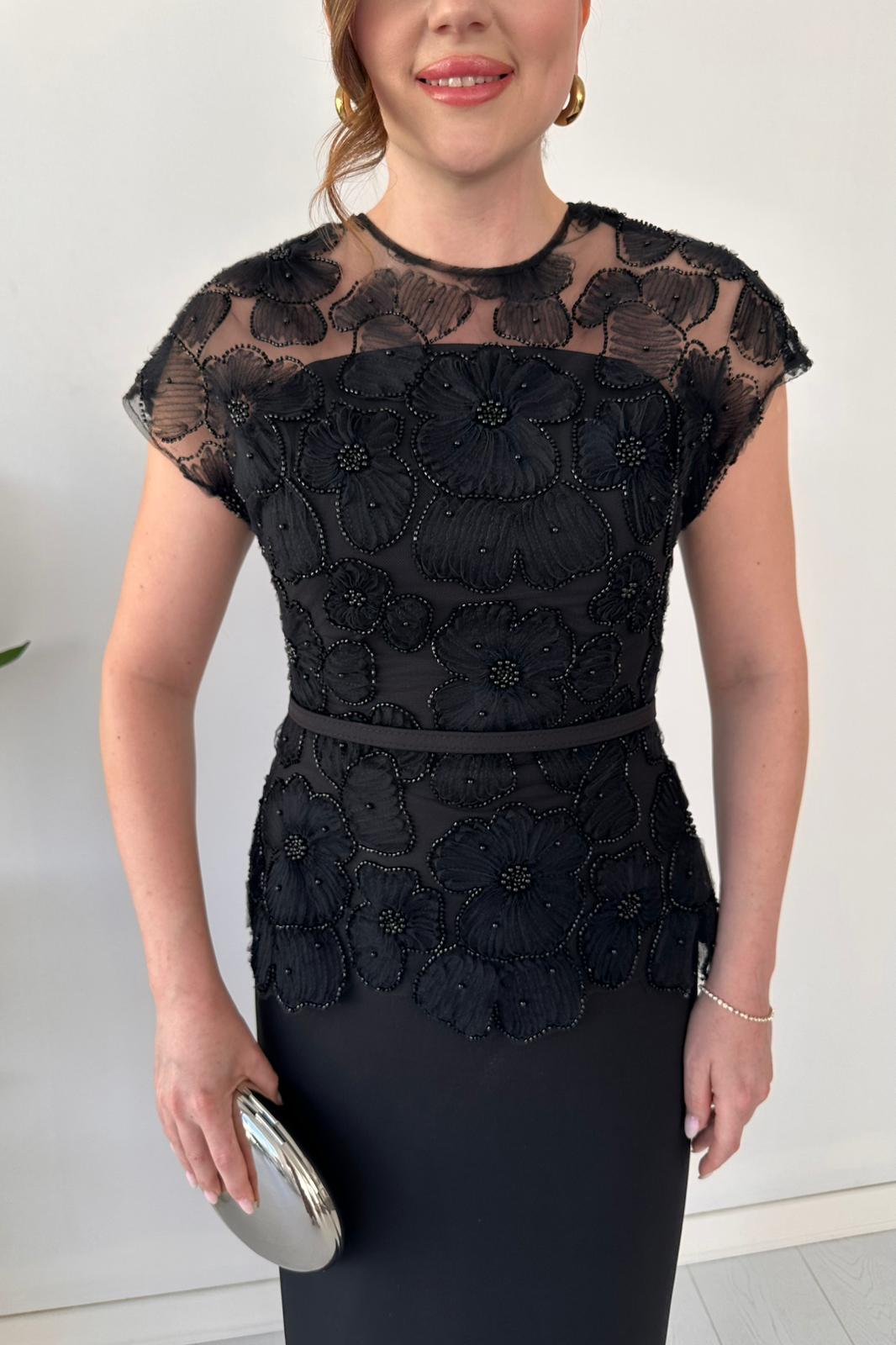 Black Beaded Floral Lace Peplum Midi Dress