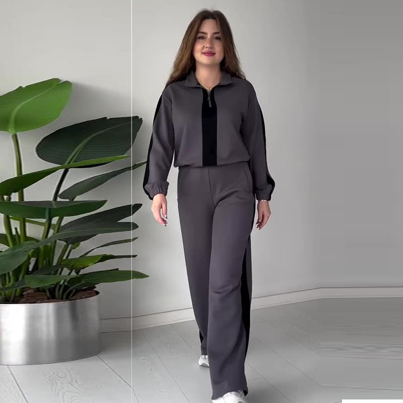 Women’s Zipper Lapel Tops & Pants 2-Piece Set