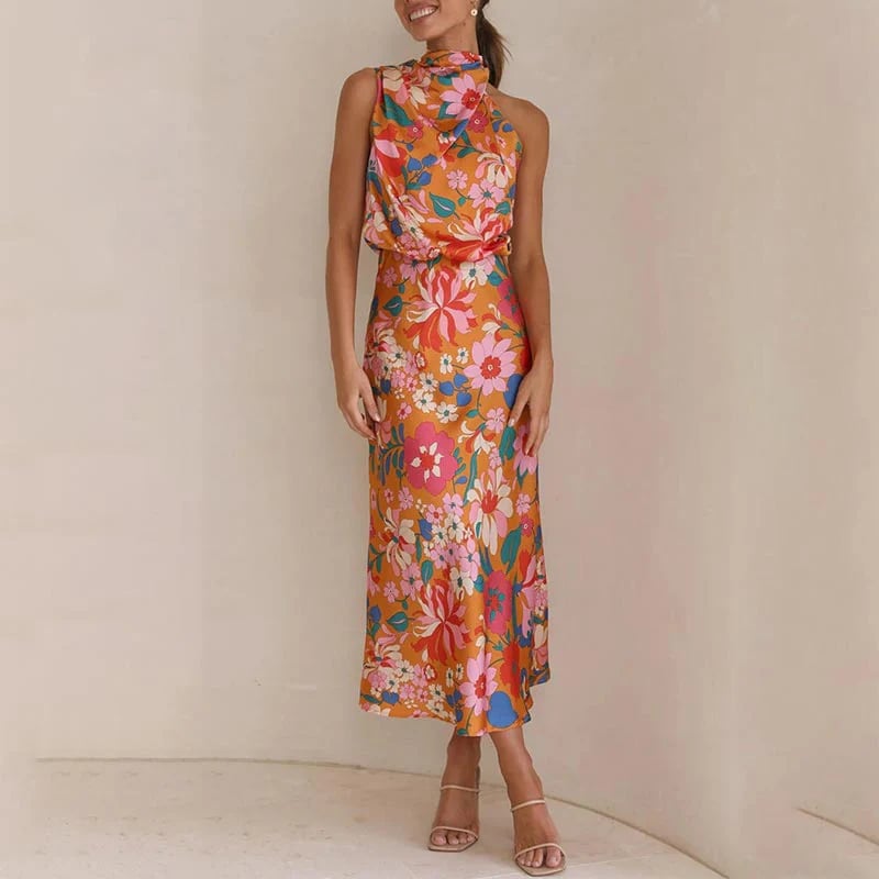 Love In The Garden Floral Halter Neck Elastic Waist Maxi Dress