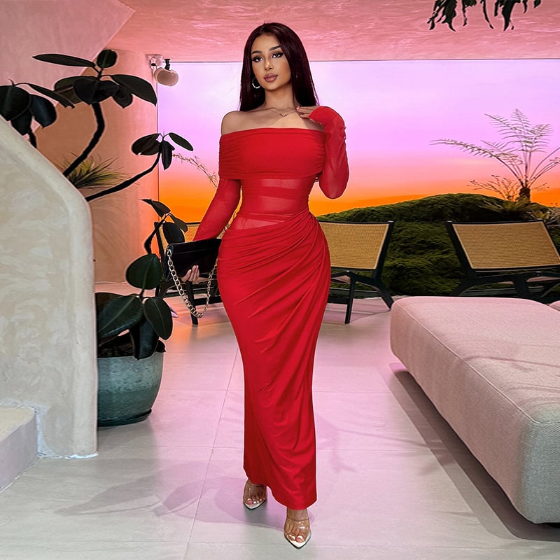 🔥Solid Color Off Shoulder Pleated Sheer Mesh Dress