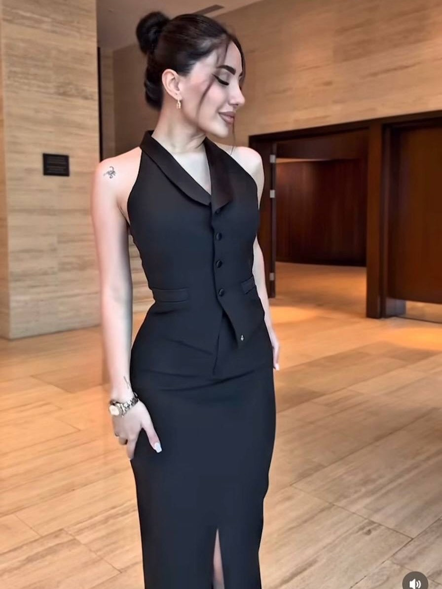 2025 New Designđź‘— Draped Collar Vest & Slit Skirt Set