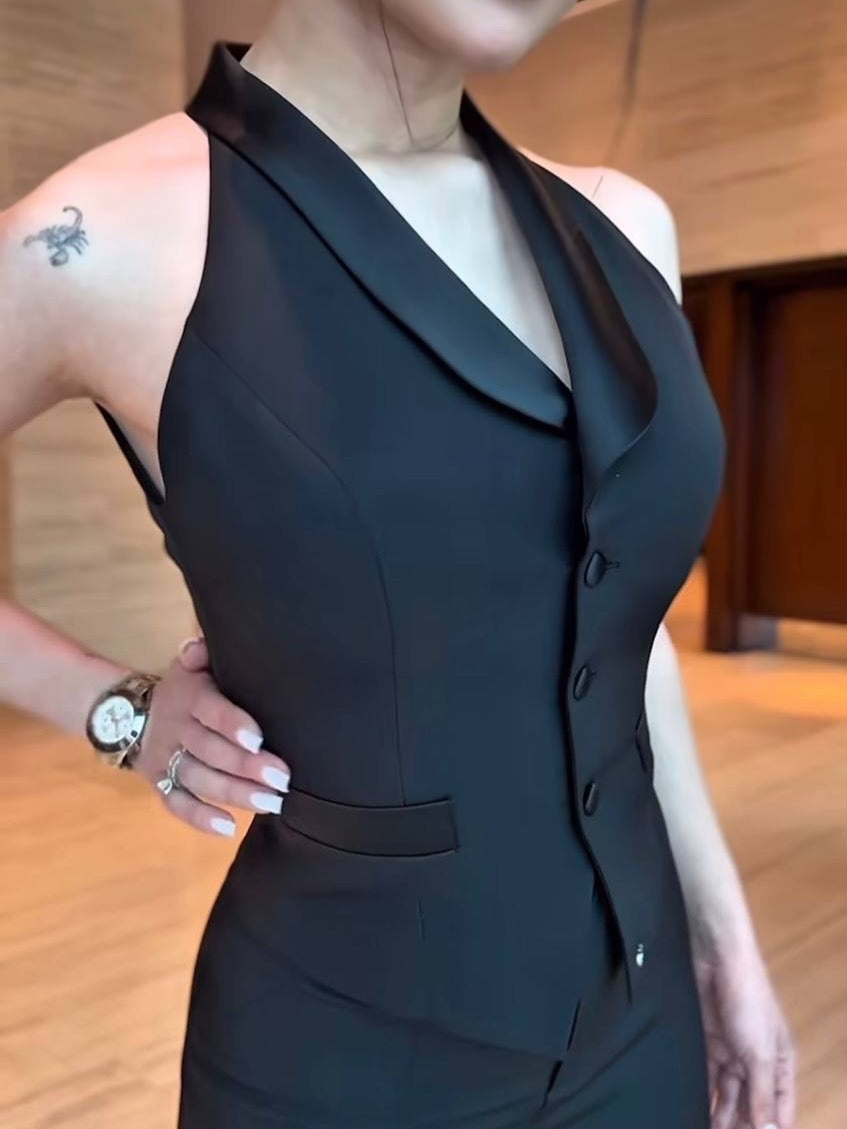 2025 New Designđź‘— Draped Collar Vest & Slit Skirt Set