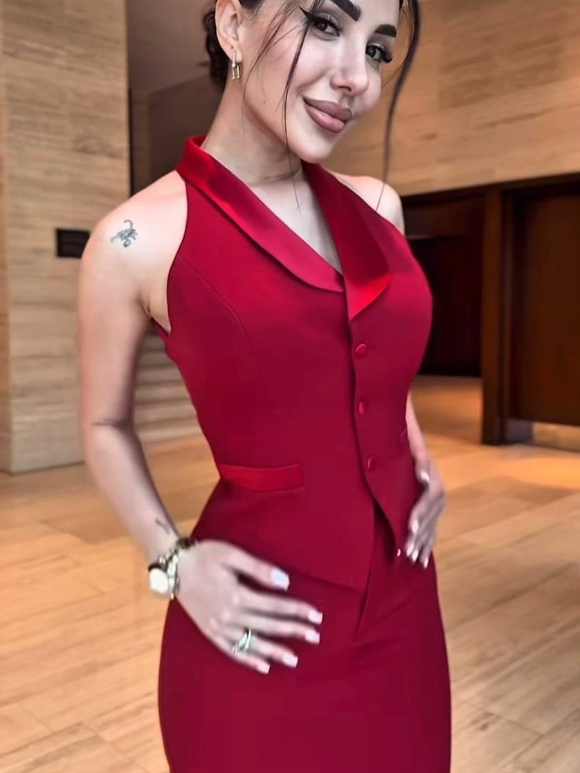 2025 New Designđź‘— Draped Collar Vest & Slit Skirt Set