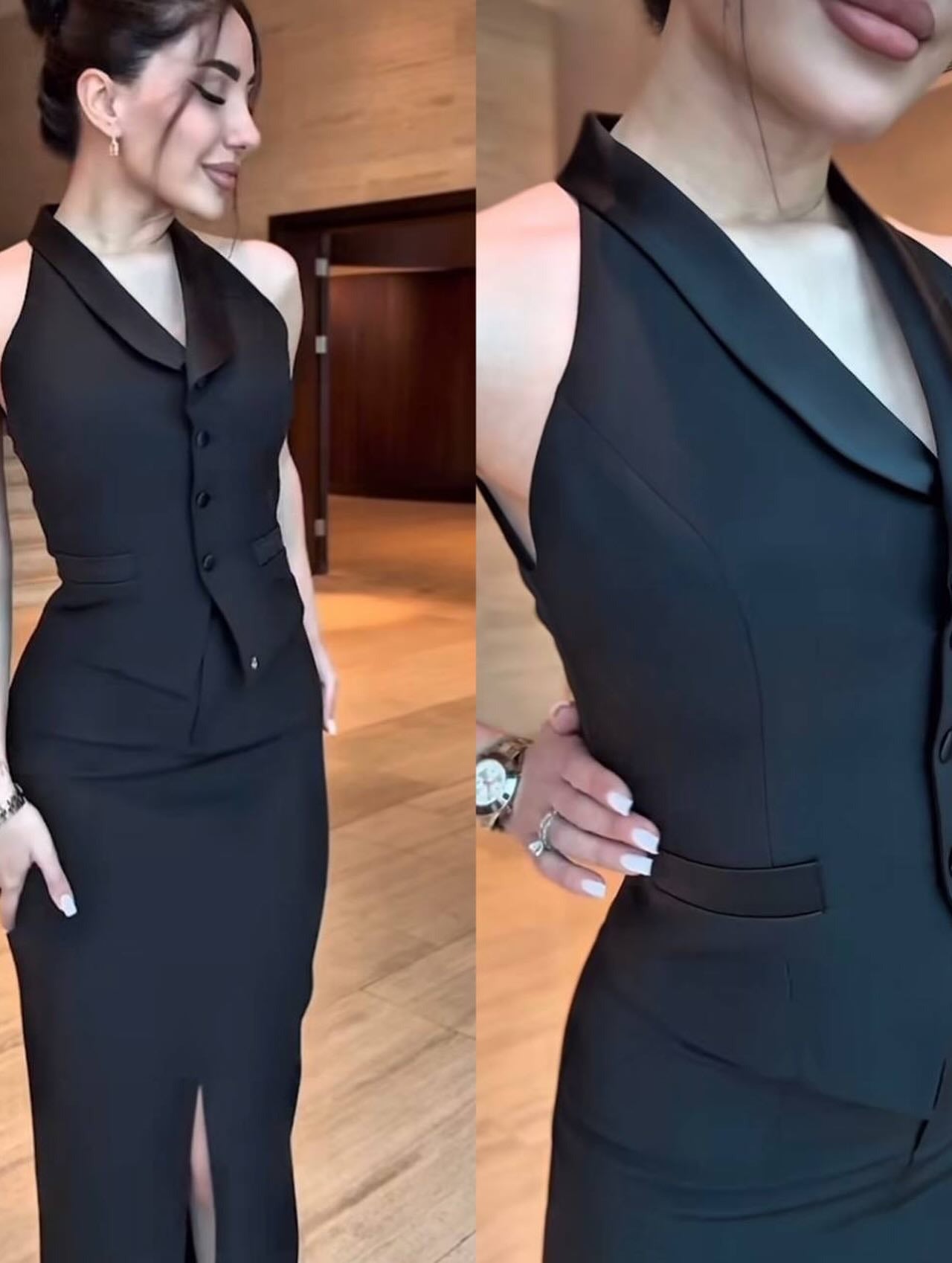 2025 New Designđź‘— Draped Collar Vest & Slit Skirt Set