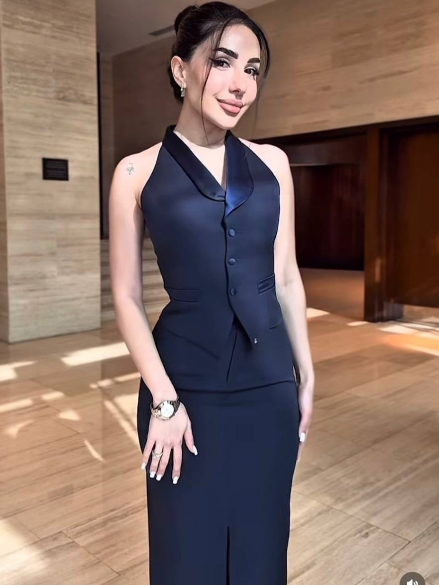 2025 New Designđź‘— Draped Collar Vest & Slit Skirt Set
