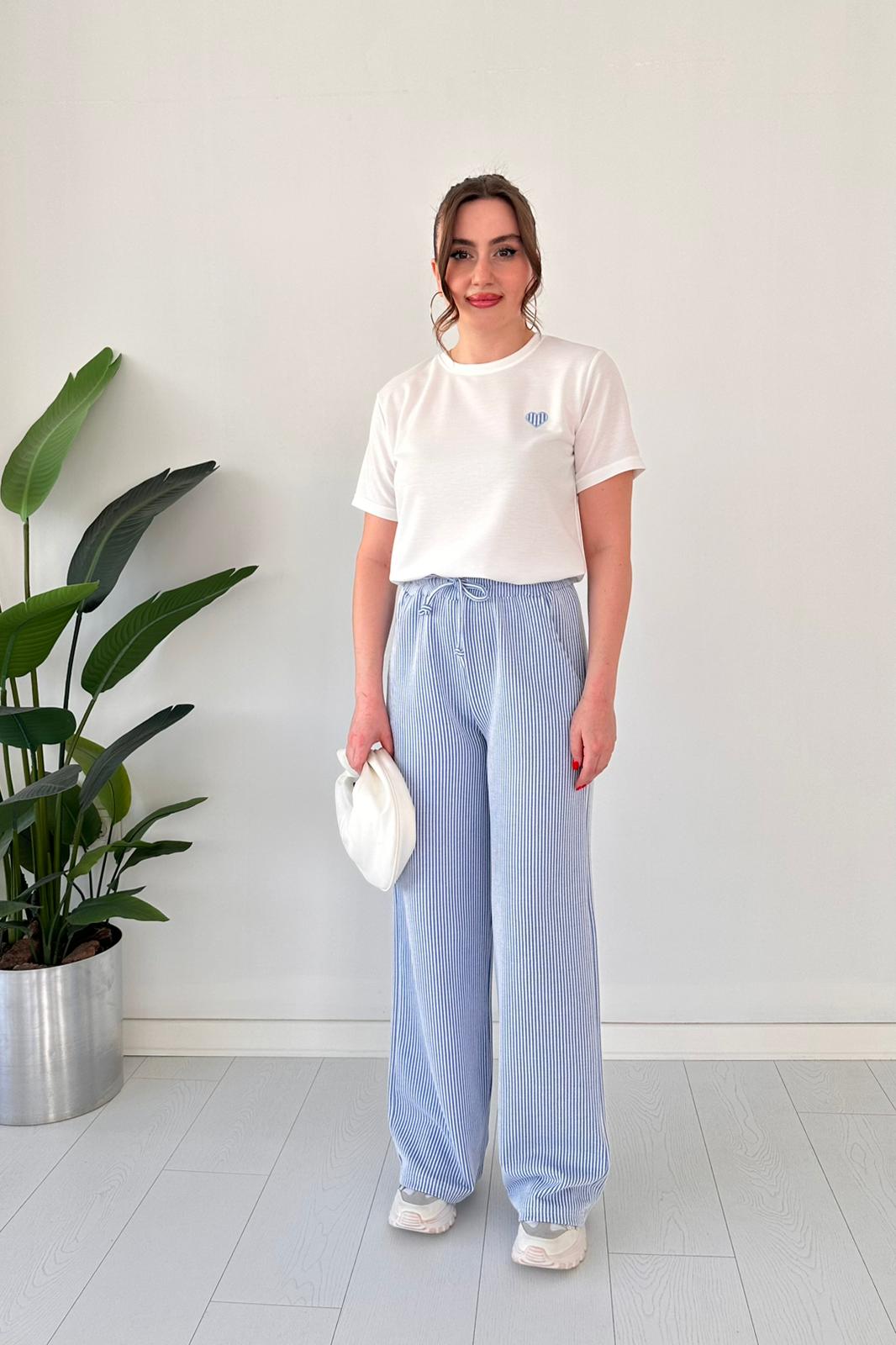 Cotton Embroidered Heart Tee & Striped Pants Set