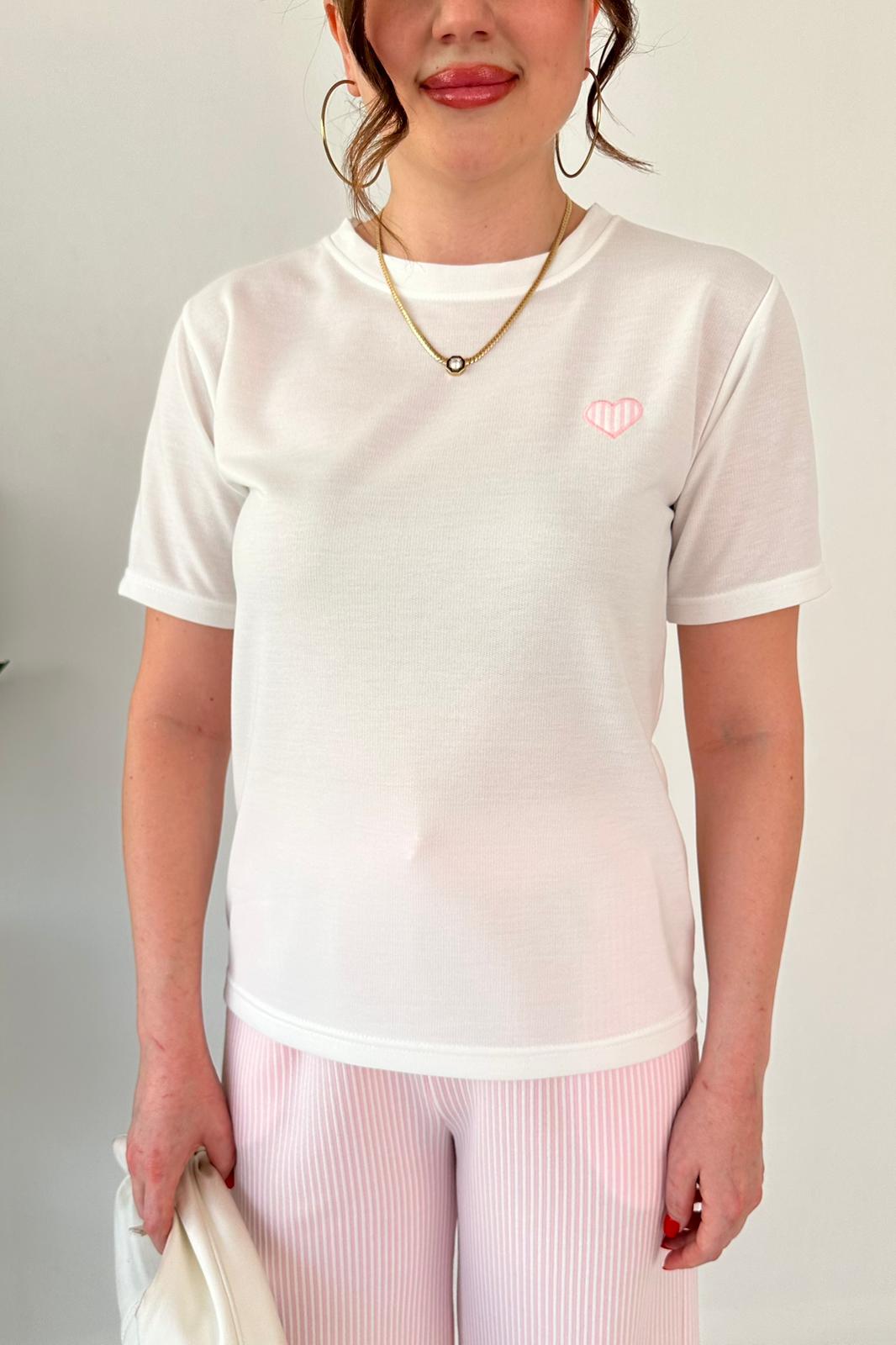 Cotton Embroidered Heart Tee & Striped Pants Set