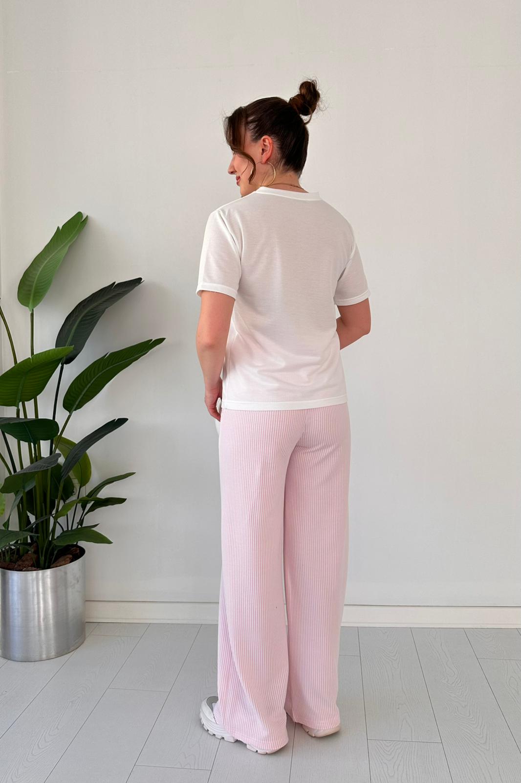 Cotton Embroidered Heart Tee & Striped Pants Set