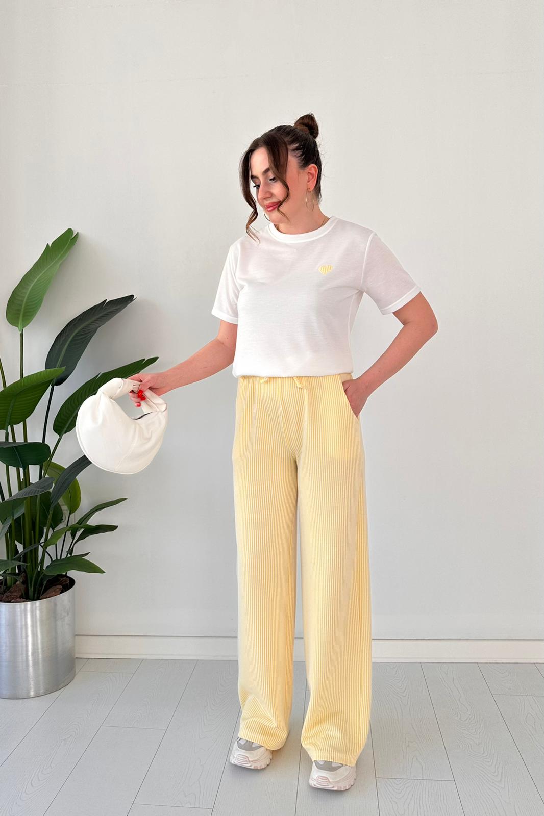 Cotton Embroidered Heart Tee & Striped Pants Set