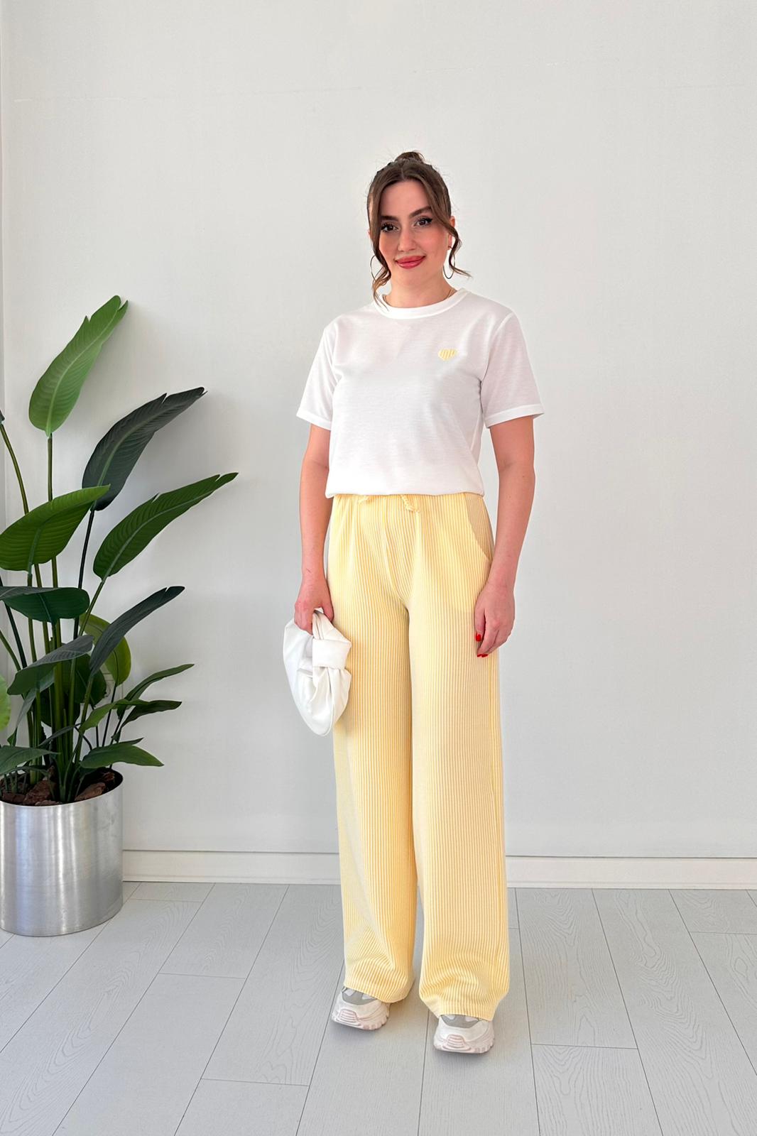 Cotton Embroidered Heart Tee & Striped Pants Set