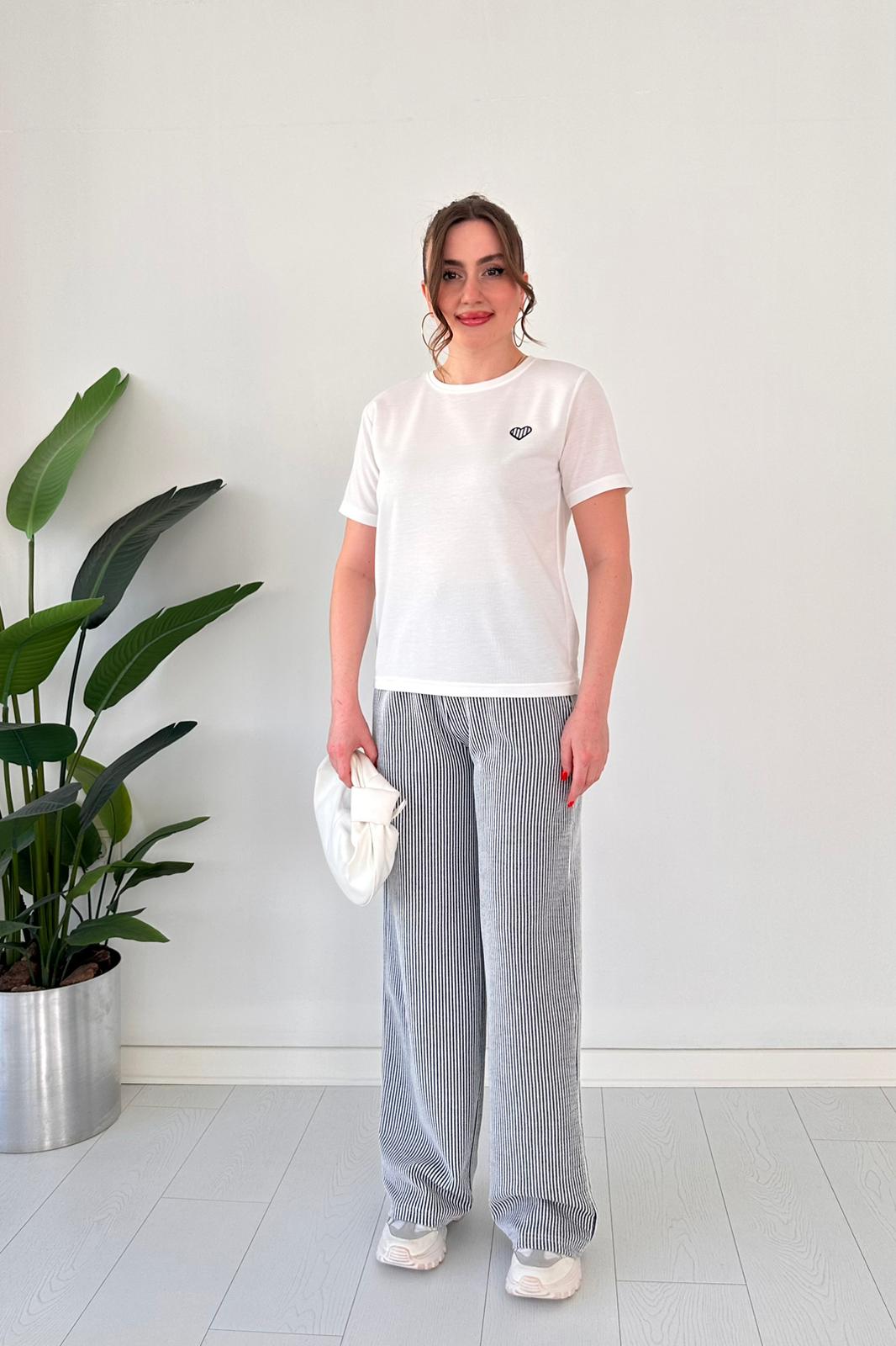 Cotton Embroidered Heart Tee & Striped Pants Set