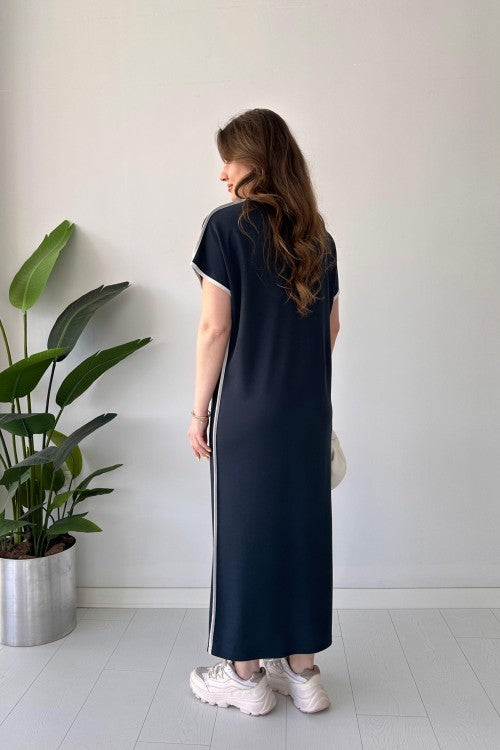 Contrast-Piped Modal Maxi Dress