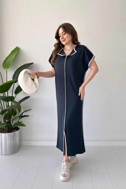 Contrast-Piped Modal Maxi Dress