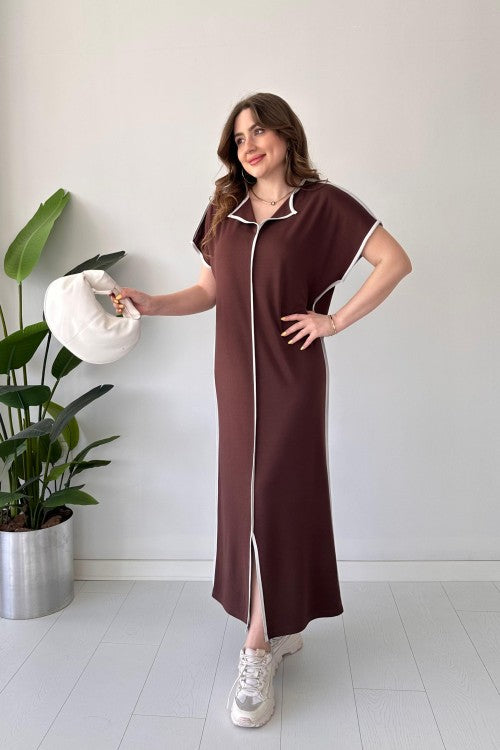 Contrast-Piped Modal Maxi Dress