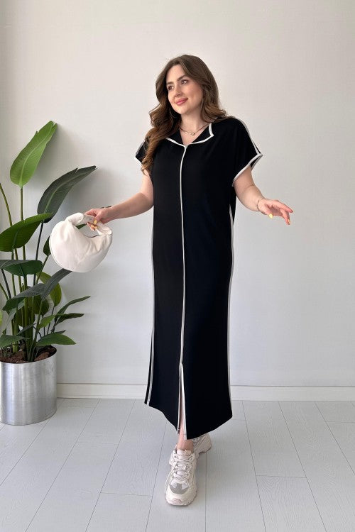 Contrast-Piped Modal Maxi Dress