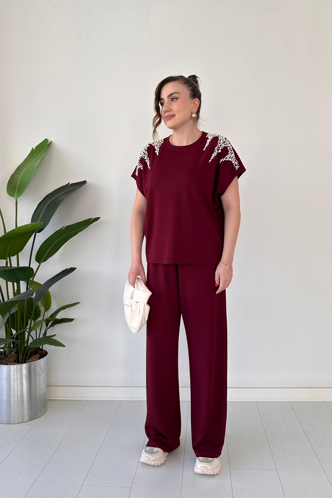 Women's Two-Piece Modal Suit with Pearls on the Shoulders