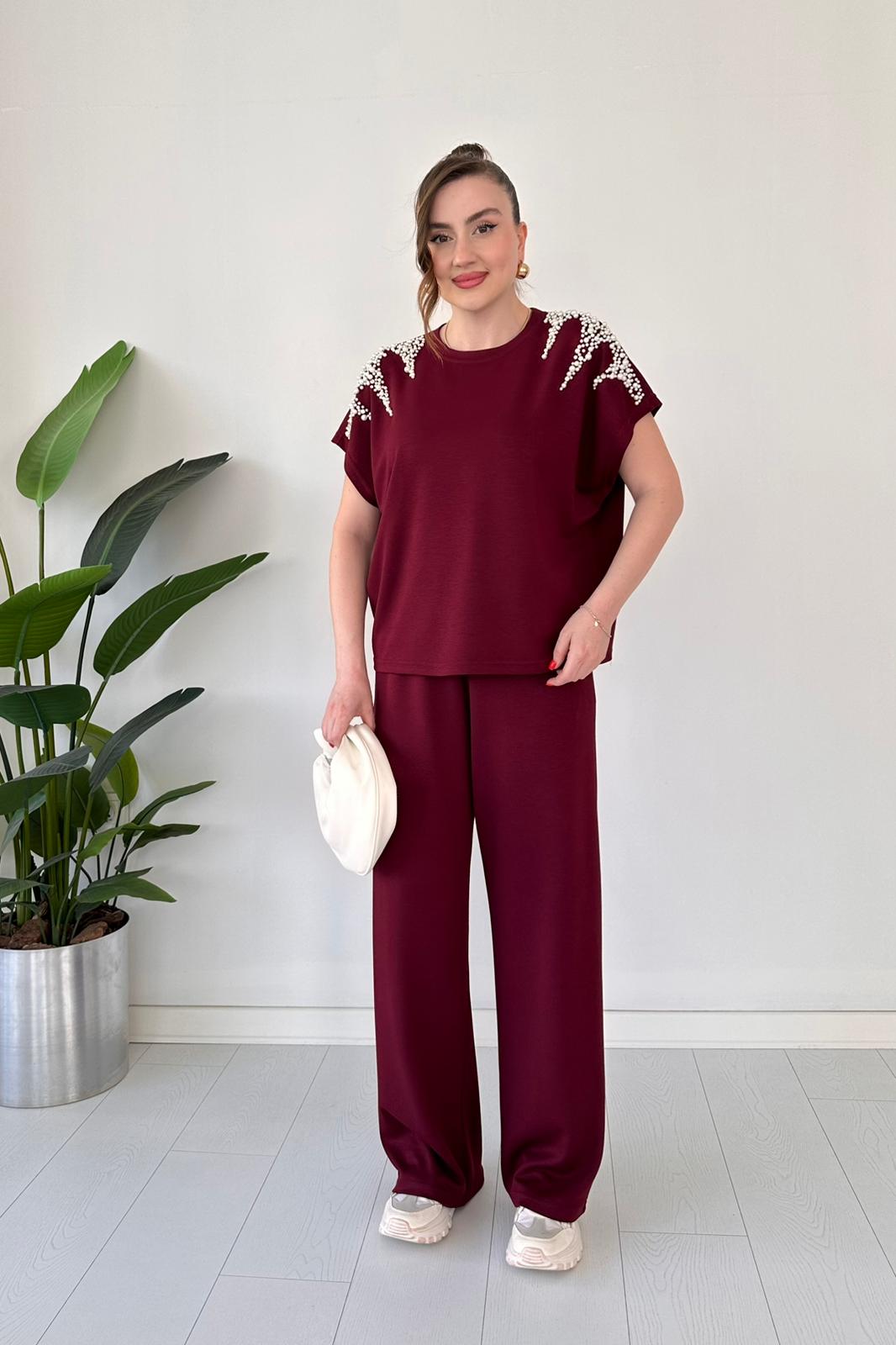 Women's Two-Piece Modal Suit with Pearls on the Shoulders