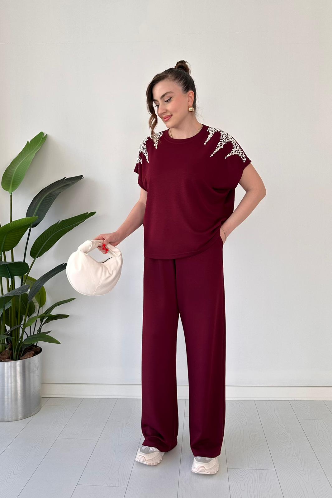Women's Two-Piece Modal Suit with Pearls on the Shoulders